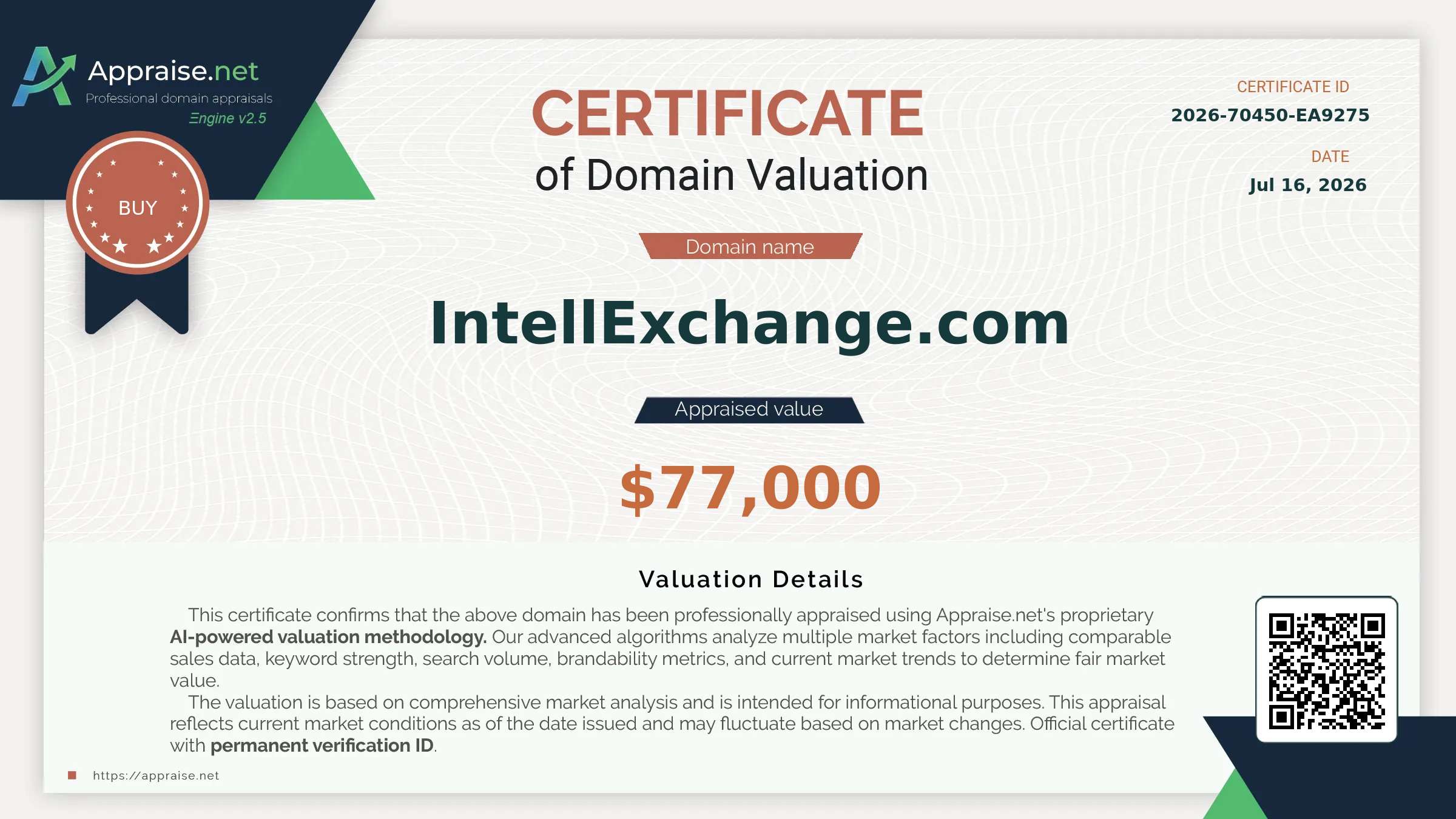 Appraise.net certificate for IntellExchange.com